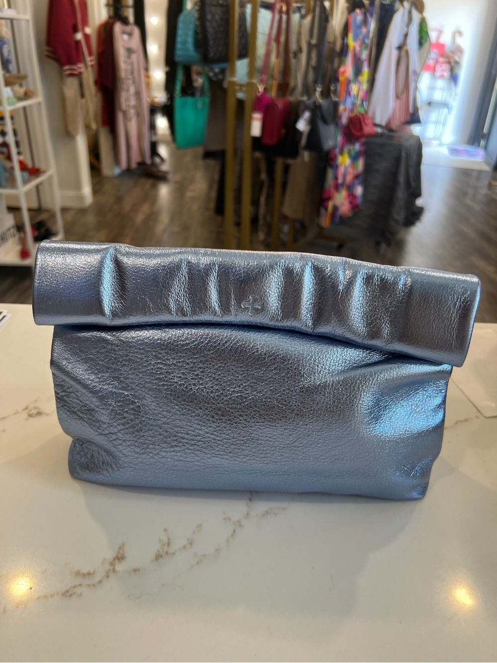 Metallic Slate metallic Blue Roll-Top paper bag Clutch